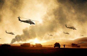 Fototapeta premium Wojskowe helikoptery, siły i czołgi w samolocie podczas wojny o zachodzie słońca
