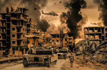 Fotobehang Military helicopter and forces in destroyed city © Meysam Azarneshin