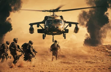 Foto auf Acrylglas Hubschrauber Militärsoldaten rennen auf dem Schlachtfeld zum Hubschrauber