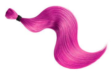 Pink hair isolated on white background. Long wavy ponytail