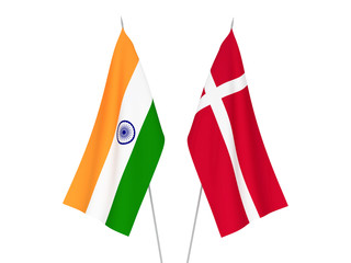 National fabric flags of Denmark and India isolated on white background. 3d rendering illustration.