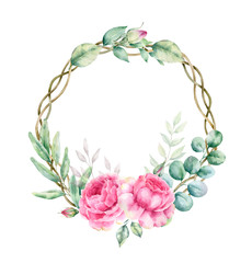 Watercolor hand painted frame with tropical green leaves and flowers. Frame for wedding invitations, save the date or greeting cards..