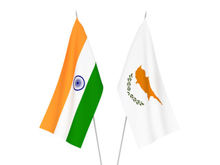 National fabric flags of Cyprus and India isolated on white background. 3d rendering illustration.