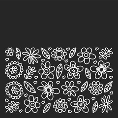 Vector set of child drawing flowers icons in doodle style. Painted, black monochrome, chalk pictures on a blackboard.