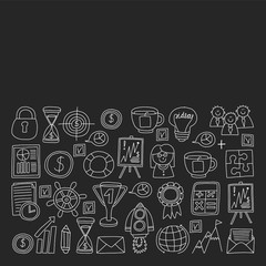 Vector set of bussines icons in doodle style chalk on black background.