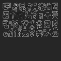 Vector set of bussines icons in doodle style chalk on black background.