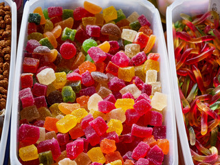Colorful ,  unhealthy jelly sweets close up shot , image for background.