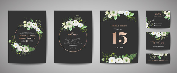 Set of Wedding Invitation, floral invite, thank you, rsvp rustic card design with gold foil decoration. Vector elegant modern template, trendy cover, graphic poster, retro brochure, design template