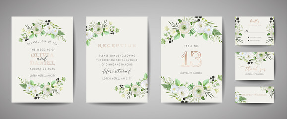 Set of Wedding Invitation, floral invite, thank you, rsvp rustic card design with gold foil decoration. Vector elegant modern template, trendy cover, graphic poster, retro brochure, design template