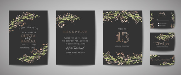 Luxury Flower Vintage Wedding Save the Date, Invitation Floral Cards Collection with Gold Foil Frame. Vector trendy cover, graphic poster, retro brochure, design template