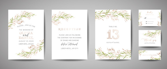 Fototapeta na wymiar Luxury Flower Vintage Wedding Save the Date, Invitation Floral Cards Collection with Gold Foil Frame. Vector trendy cover, graphic poster, retro brochure, design template