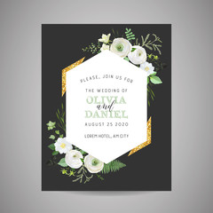 Botanical Wedding Invitation, vintage Save the Date, floral invite, thank you, rsvp rustic card design with gold foil decoration. Vector template, trendy cover, graphic poster, retro brochure, design