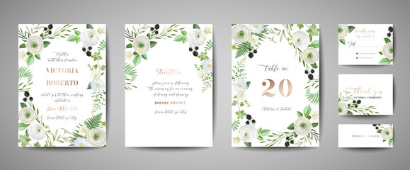 Set of Wedding Invitation, floral invite, thank you, rsvp rustic card design with gold foil decoration. Vector elegant modern template, trendy cover, graphic poster, retro brochure, design template