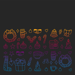 Vector set of Christmas, holiday icons in doodle style. Painted, colorful, gradient pictures on a piece of paper on blackboard.