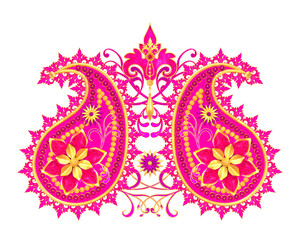 Element paisley indian cucumber. Golden tracery weaving, stylized sparkling flowers, isolated. 3d rendering