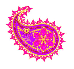 Element paisley indian cucumber. Golden tracery weaving, stylized sparkling flowers, isolated. 3d rendering