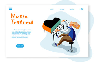 Music festival landing page template. Grand piano player cartoon character