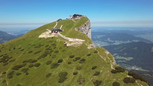 Flight around viewpoint on Schafberg summit in Salzkammergut, Upper Austria.