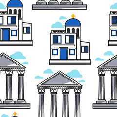 Fototapeta premium Greek pillars and church Greece architecture seamless pattern