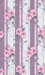 Flower arrangement of delicate pink roses, lilac leaves, openwork curls, vintage retro style, seamless floral pattern, vertical stripes in pastel color.