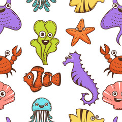Underwater animals and plants cartoon characters seamless pattern