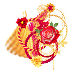 3d rendering. Golden wicker stylish circles, jewelry on a chain, pendants. Flower arrangement of red roses.