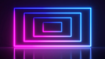 3d render, glowing lines, tunnel, neon lights, virtual reality, abstract background, square portal, arch, pink blue spectrum vibrant colors, laser show
