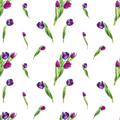 Seamless pattern from beautiful black tulips. Floral collection. Marker drawing. Watercolor painting. Floral composition of design elements. Greeting card. Painted background. Hand drawn illustration.