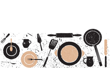 Cooking seamless horizontal pattern. Background with utensils and empty space for text. Vector illustration.