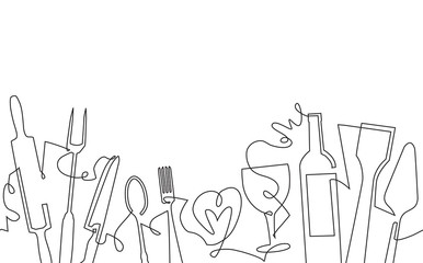 Cooking Seamless Pattern. Background with Utensils and empty space for text. Continuous drawing style. Vector illustration.