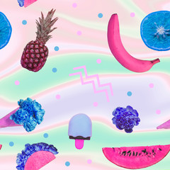 Contemporary zine art collage. Pattern of pineapples, ice cream with flower blossom, watermelon slices, banana and half orange fruit. ..