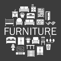Furniture silhouetter icons sale banner set in circle