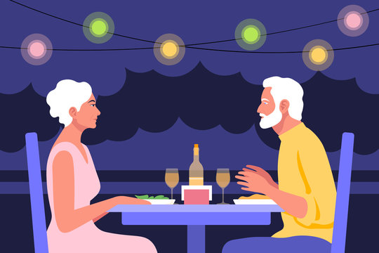 An elderly man and an elderly woman sit at the table in profile. Date and business meeting in a cafe. Summer evening in a restaurant on the street. Vector flat illustration
