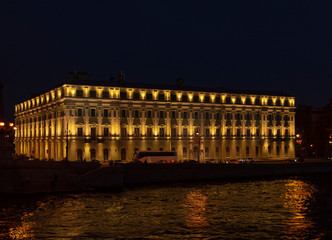 Illuminated buildings on Dvortsovaya Embankment St. Petersburg Russia