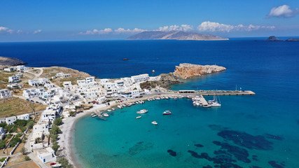 Aerial drone photo of Karavostasis picturesque main port of Folegandros island featuring sandy...
