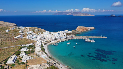Aerial drone photo of Karavostasis picturesque main port of Folegandros island featuring sandy pebble beach, Cyclades, Greece
