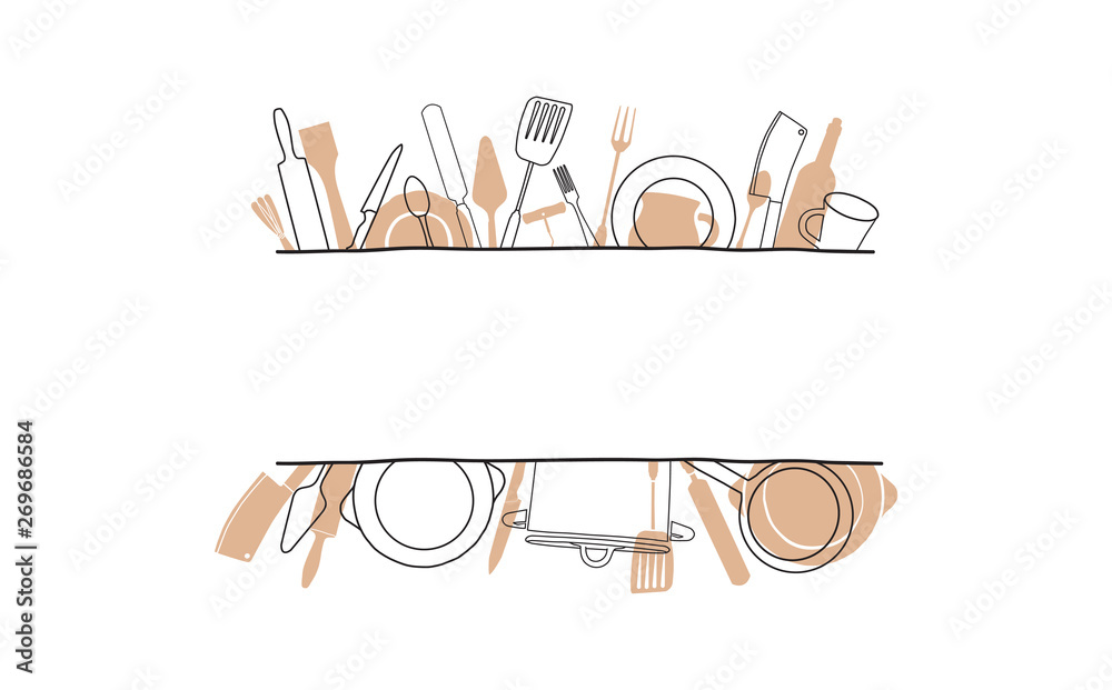 Wall mural cooking template frame with hand drawn utensils and plase for your text. background with cutlery for - Wall murals