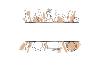 Cooking Template Frame with Hand Drawn Utensils and Plase for your Text. Background with Cutlery for Design Works. Vector illustration - obrazy, fototapety, plakaty