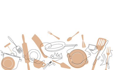 Fototapeta na wymiar Cooking Pattern. Background for your design works. One Line Drawing of Isolated Kitchen Utensils. Cooking Poster. Vector illustration.