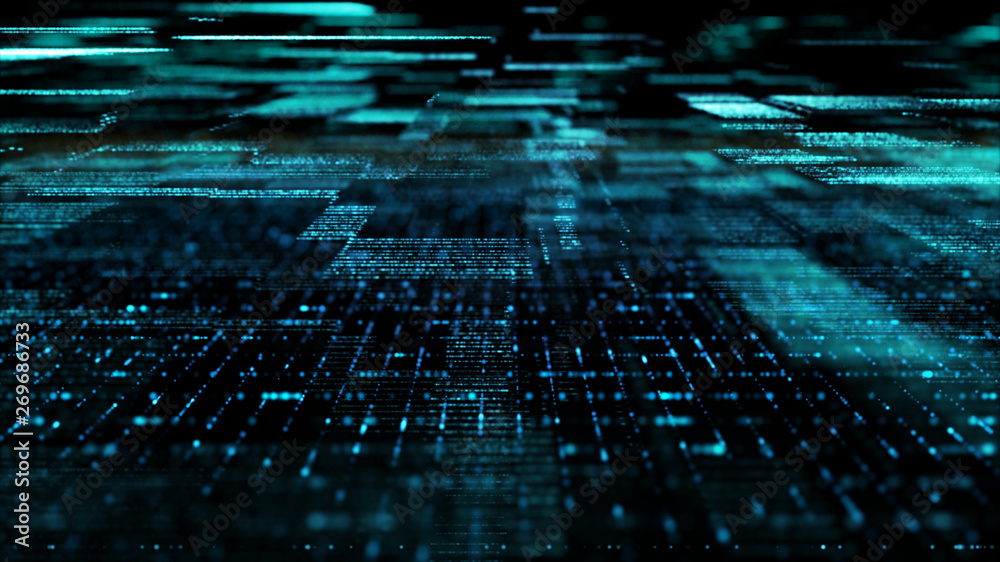Fototapete Futuristic digital matrix particles grid virtual reality abstract cyber space environment background