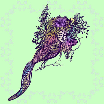 Sirin, Alkonost, Gamayun mythological creature of Russian legends. Angel girl with wings. hand drawn vector illustration in floral decorative frame. Trendy Vintage style element. Spirituality, occulti