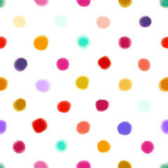 Seamless pattern with colourful watercolour dots on white background.