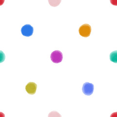 Seamless pattern with colourful watercolour dots on white background.