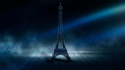 Night scene, wet asphalt and eiffel tower. Night view, neon lights, rays and light lines. Smoke, smog, dark street.