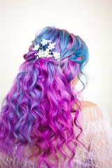 Naklejka premium Beautiful and healthy hair with bright coloring. Long curly hair purple and pink tones