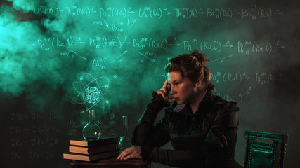 Scientist researcher on abstract background of schemes and formulas. History of science, great physical discoveries © Ulia Koltyrina