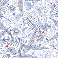 Vector blue and white seamless pattern with ferns, leaves and wild flower. Suitable for textile, gift wrap and wallpaper.