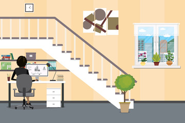 Worlkplace under the stairs,Businesswoman or freelancer working