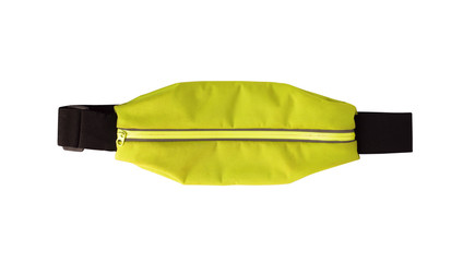 Top view of yellow waist bag or pack with zipper. Sport accessory isolated on white background