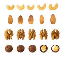 Set of cashew,almond, walnut and macadamia nuts isolated on white background